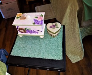 Making a Custom Table Scarf from a Placemat - new mat on table with decorative box and heart shaped box on it