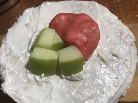 How to Make Sushi Cakes - dark pink Starburst blob and apple for tuna and cucumber roll cake