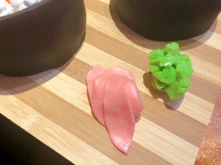How to Make Sushi Cakes - ginger next to wasabi on serving platter