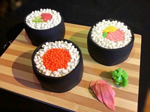 How to Make Sushi Cakes - serving tray with sushi cakes and condiments