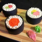 How to Make Sushi Cakes - serving tray with sushi cakes and condiments