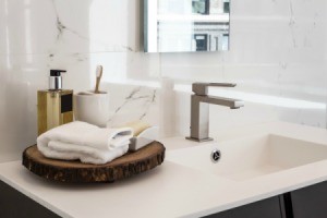 Clean white bathroom sink.