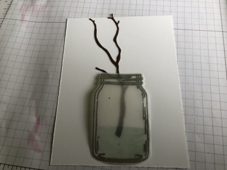 3D Orchid in a Jar Card - place the branch and the jar on the smaller piece of white paper, play with layout, use light blue marker to add water to the jar