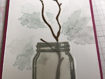 3D Orchid in a Jar Card - glue down the branch, then the jar - you can use a sponge, stamp, or paper towel and ink to add texture before adding flowers, then glue them in place
