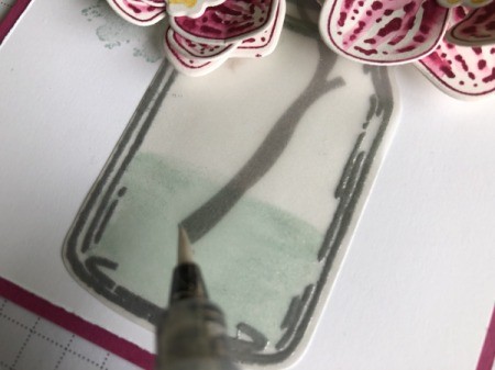 3D Orchid in a Jar Card - add metallic shimmer to the water, glue to the pink paper