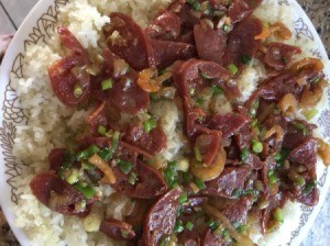 Sticky Rice with Chinese Sausage (Xoi Lap Xuong) on plate