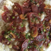 Sticky Rice with Chinese Sausage (Xoi Lap Xuong) on plate