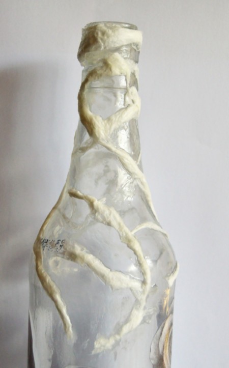 Antique Rose Upcycled Bottle Vase - using Modge Podge wrap TP around the top, neck and just below the neck, allow to dry