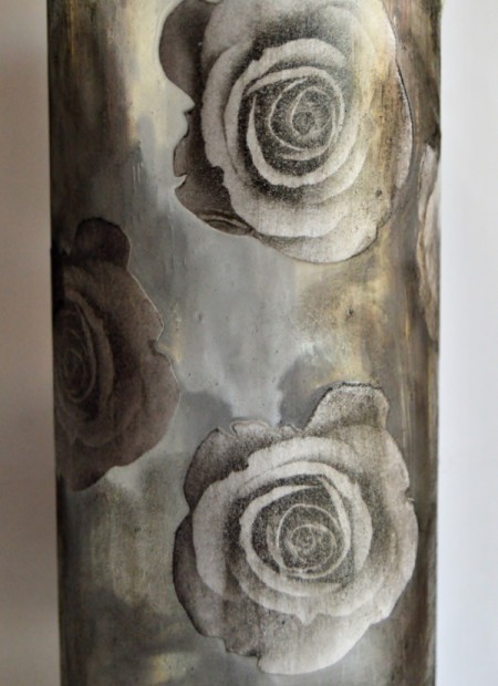 Antique Rose Upcycled Bottle Vase - brush on black and silver dusting powder randomly on the bottle, apply a coat of Hard as Nails and allow to dry