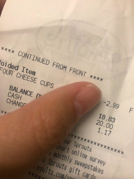 A receipt showing items received for free.