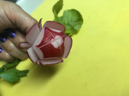Fresh Herb and Veggie Bouquet - cut sides and a criss cross cut in the center of the radish