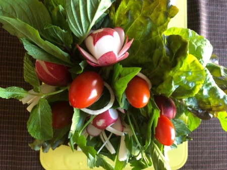 Fresh Herb and Veggie Bouquet - rearrange the daikon swirls and green onions