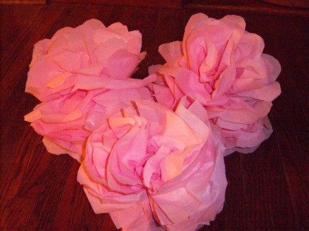 Make Big Showy Flowers from Plastic Tablecloths - 3 pink flowers