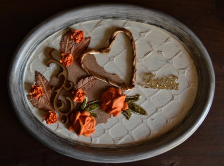 Vintage Mixed Media Framed Roses - glue torn cork, heart, roses, and other embellishments to backing board, glue hook to back