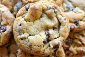 Close up of chocolate chip cookies.
