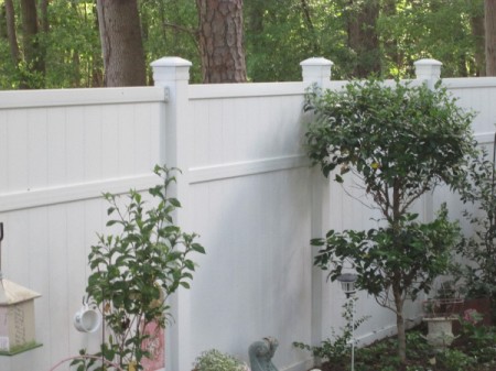 White fixtures on top of white fence posts.