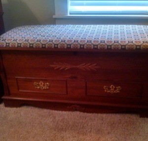 Value of a Murphy Cedar Chest  - tapestry covered top chest with wheat pattern on the front