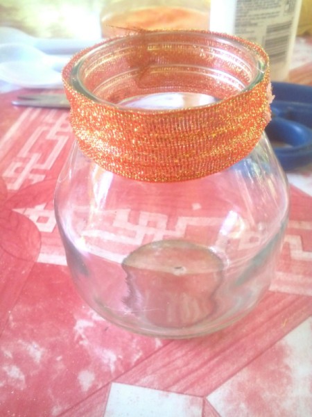 Recycled Candle Night Lamp - ribbon around the neck of the jar