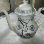 Value of English Staffordshire Serving Pieces - tea or coffee pot in blue and white pattern