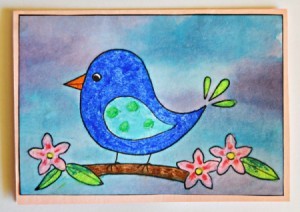 Naïve Spring Bird Greeting Card - finished card with the bird painting affixed to the card