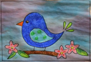 Naïve Spring Bird Greeting Card - mix up food coloring diluted with water and paint the background allowing colors to merge allow to dry