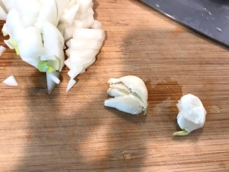 chopping onions and garlic