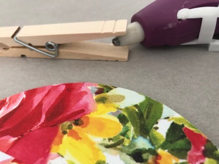 Wall Memo Clothespin Board - squeeze hot glue onto clothes pin