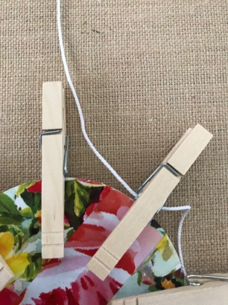 Wall Memo Clothespin Board - thread twine through 3 clothespins