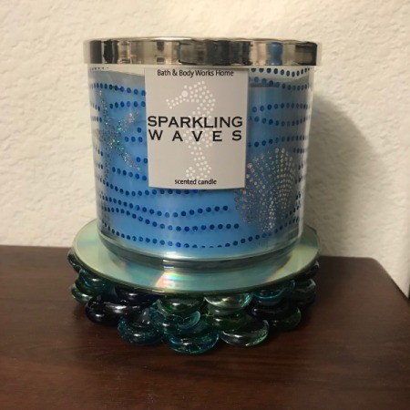 Recycled CD Candle Holder - jar sitting on inverted base