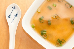 Square bowl of miso soup.