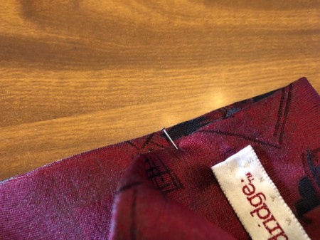 Upcycled Tie Necklace - pin the first ruffle as a mark for sewing point