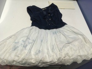 Removing Colour Transfer on Multicoloured Clothing - dress with blue bodice and white skirt with blue stains