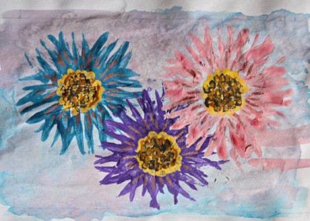 Fork Printed Flower Birthday Card - use metal pens to add detail to flower centers and petals, use blue metal pen to create a stitched design around the outside, cut out