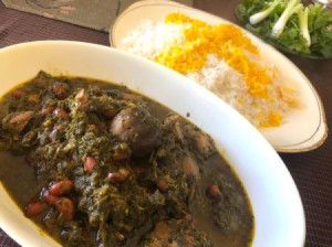 serving dish of stew and bowl of rice