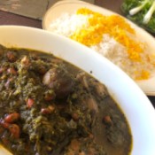 serving dish of stew and bowl of rice