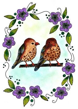 Two Birds in a Floral Wreath Adult Coloring Page - beautifully finished coloring page