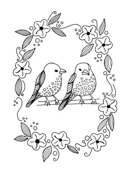 Two Birds in a Floral Wreath Adult Coloring Page