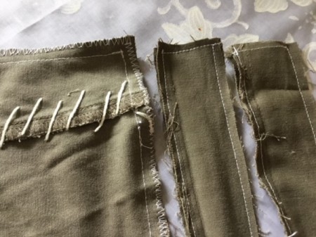 How to Turn Pants Into Shorts and a Bag - turn strips and squares wrong side up and sew