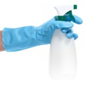 Gloved hand with spray bottle.