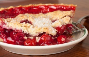 Close up of a slice of cherry pie.
