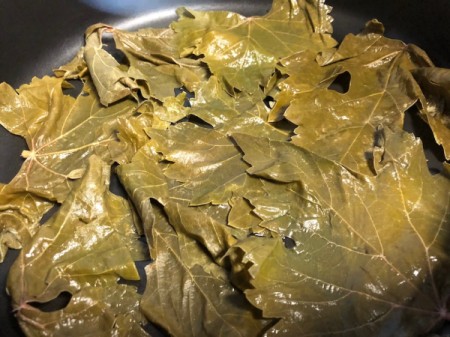 Grape Leaves in bottom of pan