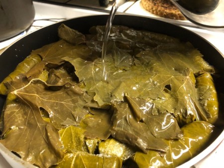 pouring water on top of Grape Leaves