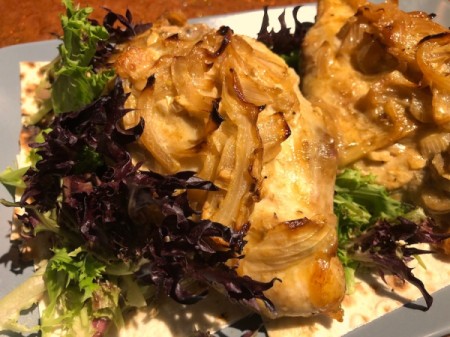 cooked Saffron Onion Chicken on lavash bread