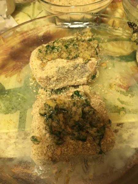 breaded swordfish in baking dish