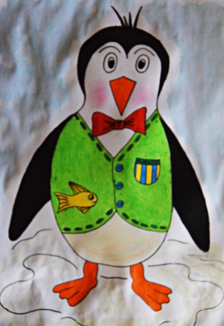 Happy Penguin Kids' Coloring Page - colored penguin, watercolors perhaps markers