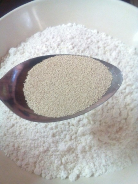 adding yeast to flour in bowl