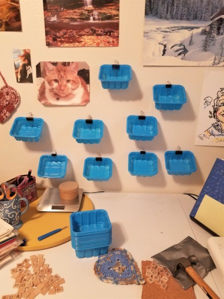 Several mushroom tubs on a wall being held up with a binder clip and a pushpin,