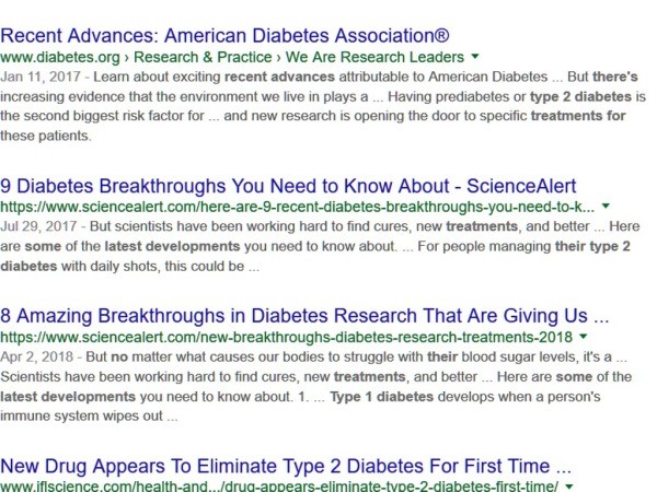 Google's search result for "diabetes"