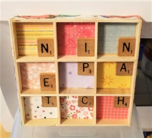 Scrabble Nine Patch Shadow Box - finished shadow box with paper on the edges