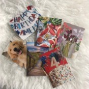 Greeting Cards from Magazines - cards displayed on faux fur background